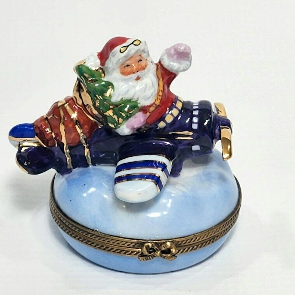 Limoges Porcelain Santa Claus in Airplane Box Trinket Christmas France